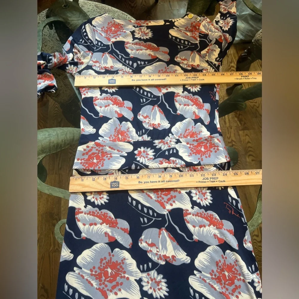 Tory Burch Silk Floral Navy Knee Length Sheath Dress Size Small 3/4 Sleeves